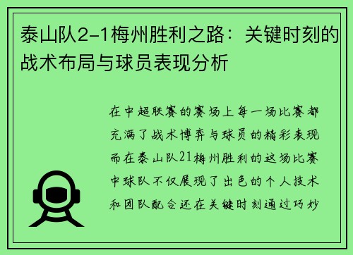 泰山队2-1梅州胜利之路：关键时刻的战术布局与球员表现分析