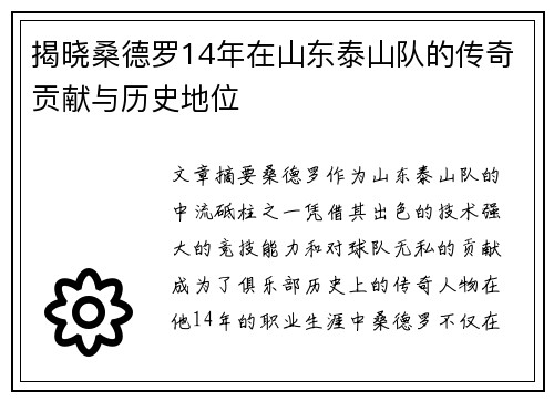 揭晓桑德罗14年在山东泰山队的传奇贡献与历史地位 揭晓桑德罗14年在山东泰山队的传奇贡献与历史地位
