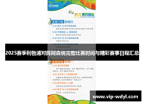 2025赛季利物浦对阵阿森纳完整比赛时间与精彩赛事日程汇总